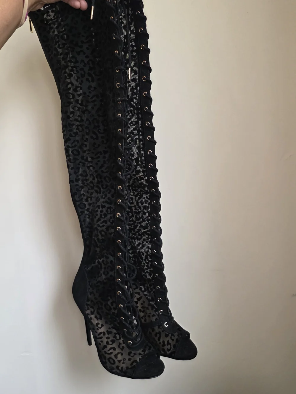 Black Over-the-Knee Lace-Up Stiletto Boots
